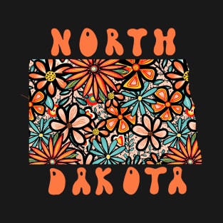 North Dakota State Design | Artist Designed Illustration Featuring North Dakota State Outline Filled With Retro Flowers with Retro Hand-Lettering T-Shirt