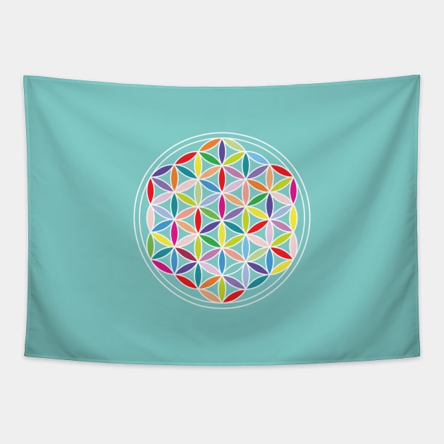 Flower of Life Multicolored on Blue Tapestry by NataliePaskell