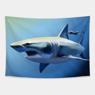 Diving with great white shark Tapestry
