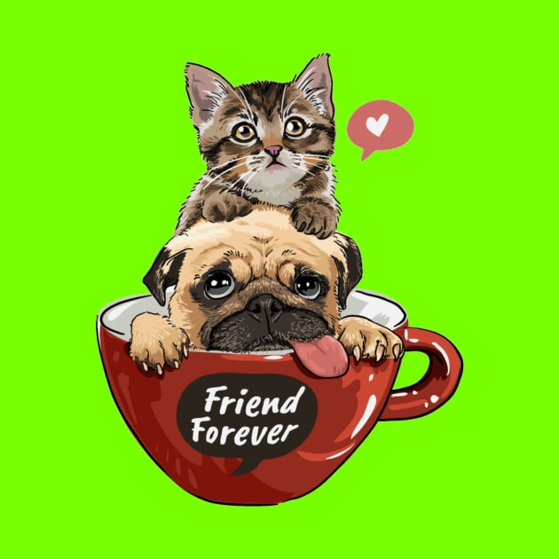 pug dog and little kitten in red coffee cup by amramna