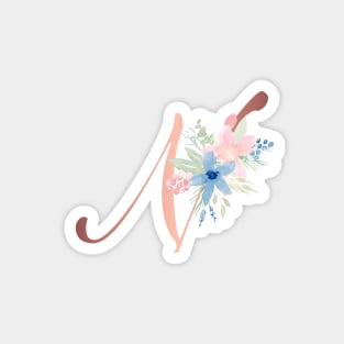 Letter N Rose Gold and Watercolor Blush Pink and Navy Magnet