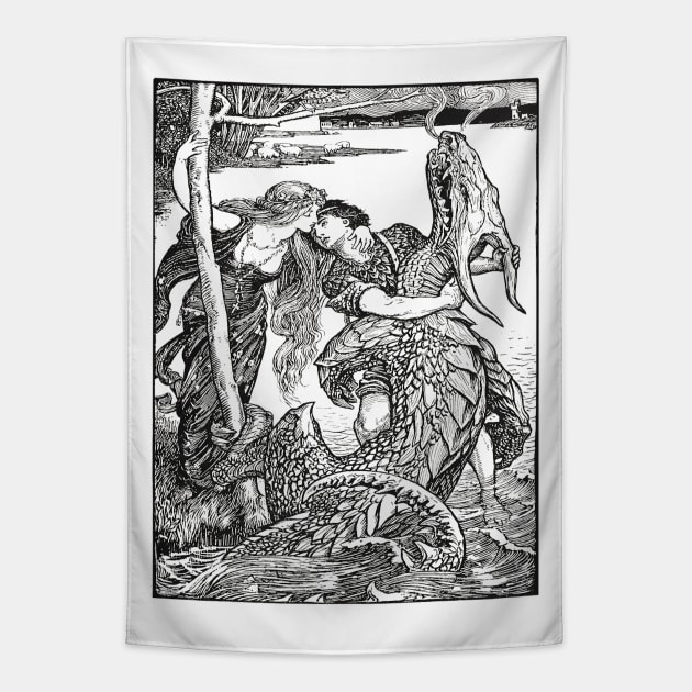 Pre-raphaelite kiss and dragon Tapestry by Blacklinesw9