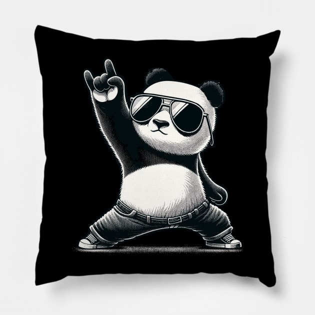 Retro Panda Rock Music Gift Funny Panda Pillow by KsuAnn