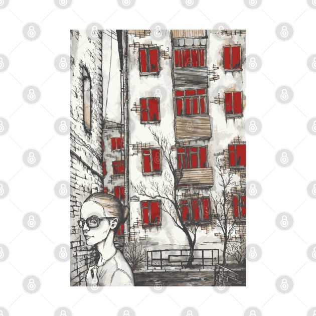 girl with glasses on the background of houses with red windows by Takeshi Kolotov