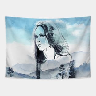 watercolor forest woman Tapestry