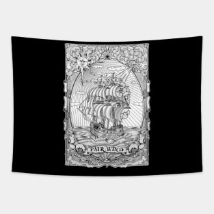 "Fair wind" Marine illustration printed in white on dark Tapestry