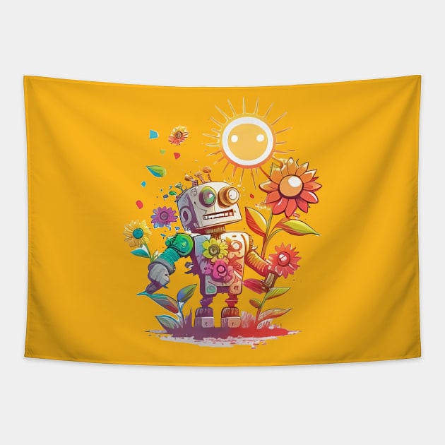 happy farmer robot Tapestry by aurielaki