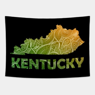 Colorful mandala art map of Kentucky with text in green and orange Tapestry