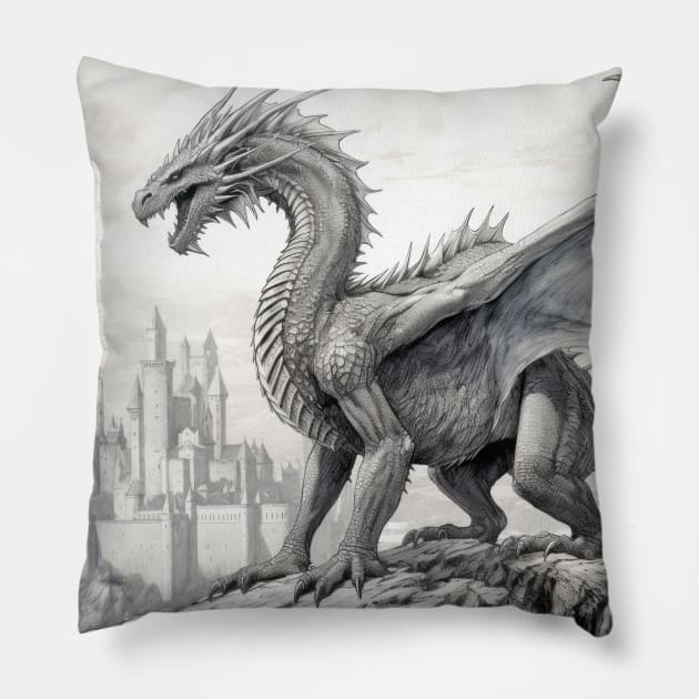Dragon Animal Mystic Wild Fantasy Ink Sketch Style Pillow by Cubebox