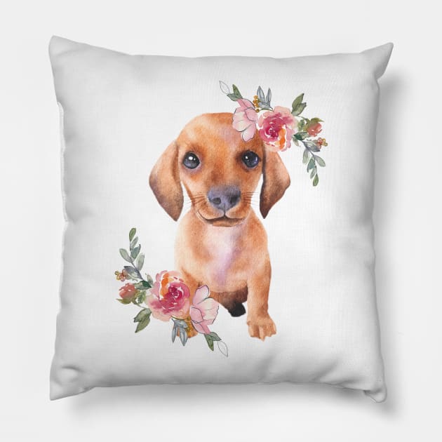 Cute Dachshund Puppy Dog Watercolor Art Pillow by AdrianaHolmesArt