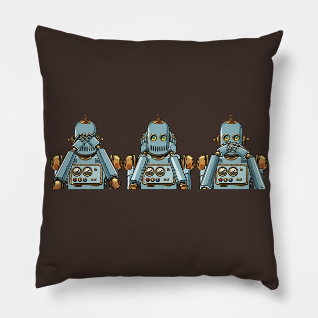 Don't See, Don't Hear, Don't Speak Vintage Robots Pillow by waltzart