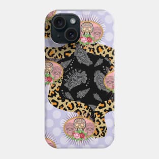 Monochrome paisley, traditional skull, leopard skin texture, polka dots Phone Case