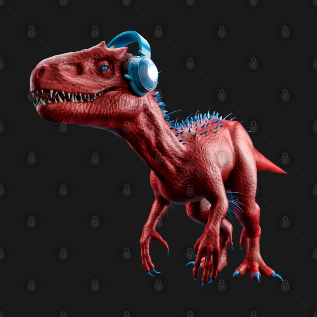 red and blue tyrannosaurus rex t-rext earing music with phones by Nekron