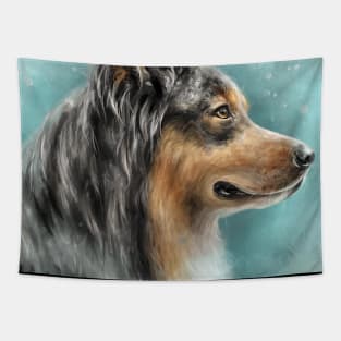 Painting of a Gorgeous Australian Shepherd on a Light Blue Background Tapestry