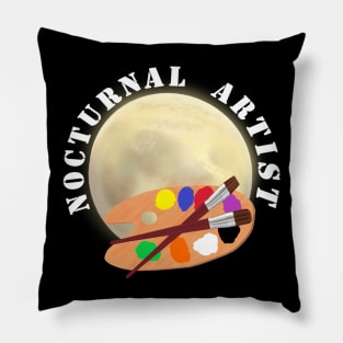 Nocturnal Artist. Moon and Artist Painter Palette with Brushes. Pillow