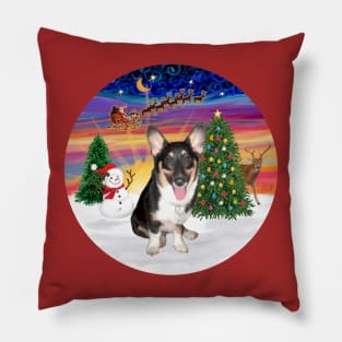 Santa's Sunset Take Off with a Tri Colored Welsh Corgi Puppy Pillow