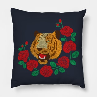 Faux Embroidery Tiger and Roses Pillow