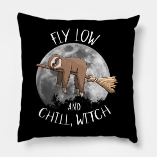 Fly Low And Chill, Witch Sloth On Broom Halloween Pillow