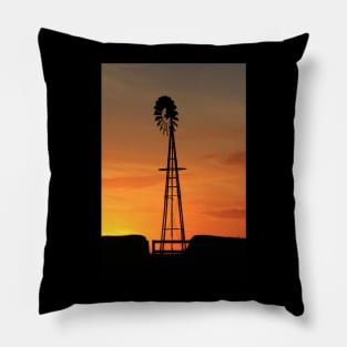 Blazing Kansas sky at Sunset with a Windmill silhouette Pillow