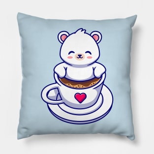 Cute Baby Polar Bear In Coffee Cup Cartoon Pillow