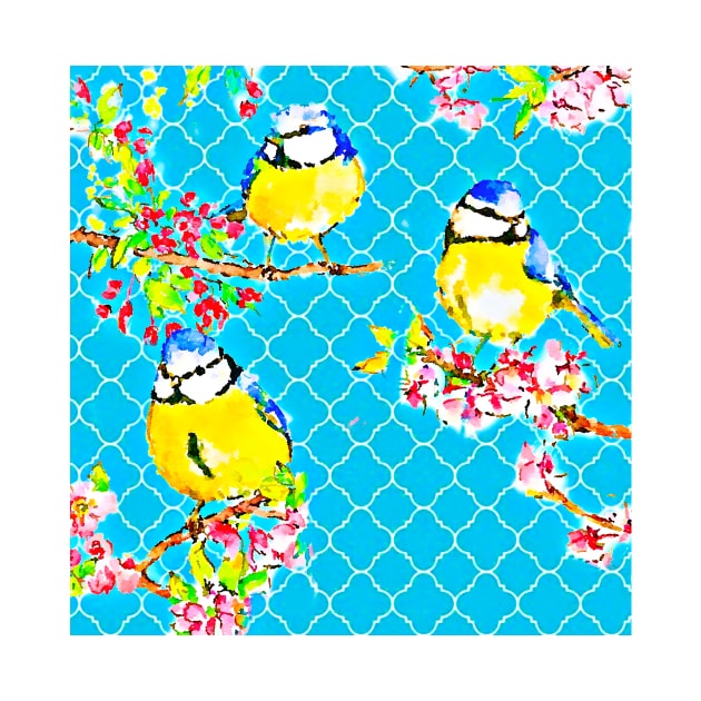 Yellow tit birds on blue lattice background by SophieClimaArt