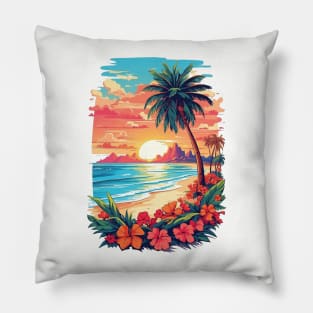 Vintage nature colorful clean beach island, Outdoor T-shirt. Pillow