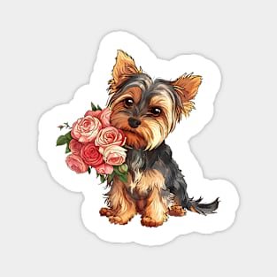 Valentine Yorkshire Terrier Dog Giving Flowers Magnet