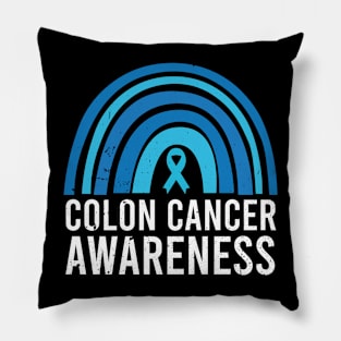 Colon Cancer Awareness Blue Ribbon and Rainbow Pillow