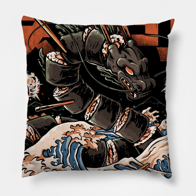 The Black Sushi Dragon Pillow by Ilustrata