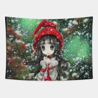 Kawaii anime manga girl walking in snow Tapestry