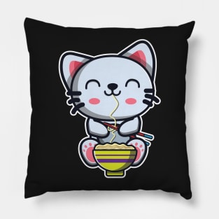 Cute Japanese Cat Eating Ramen Noodle Kawaii Cat for kids graphic Pillow