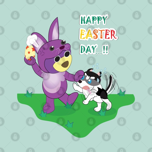 Happy easter's day, Bunny easter, Mr. Purple bear in Bunny easter costume with easter egg, Snowy the husky want to get easter egg, little husky dog, cute puppy, dog lover. by Figaro-17