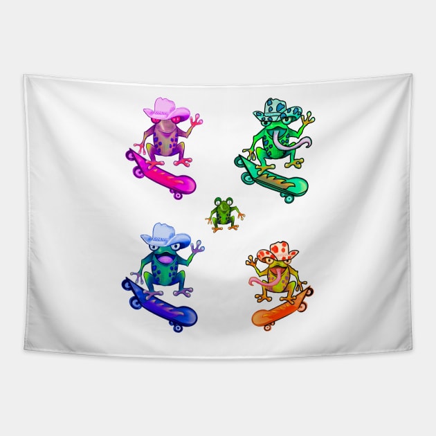 Frog 5 pack Kawaii Froggy Skateboarding Cute Frog pack of 5 in Texas cowboy hat Funny toad toads amphibian tadpole Green Red eyed tree frogs rain forest Lizard dragon zoology gift frog Tapestry by Artonmytee