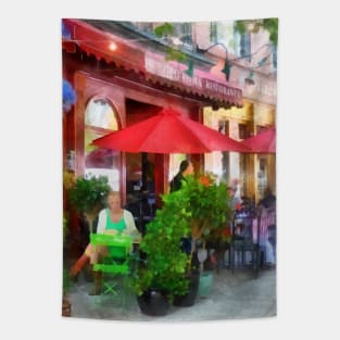 Hoboken NJ - Outdoor Cafe With Red Umbrellas Tapestry