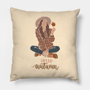 Hello autumn girl holding maple leaf Pillow