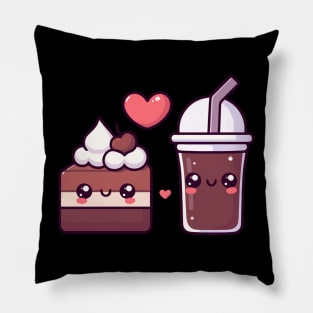 Chocolate Cake and Dark Chocolate Milkshake with a Heart | Kawaii Food Couple Art Pillow