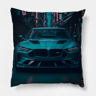 Dark Teal Sports Car in Japanese Neon City Pillow