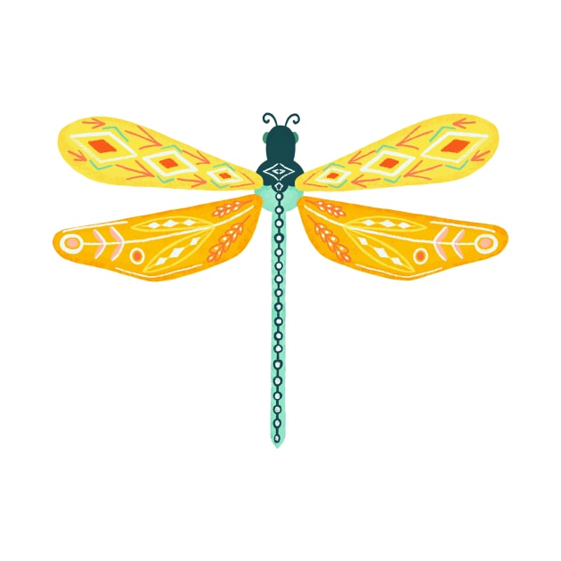 Folk Art Dragonfly - Yellow & Teal by tangerinetane