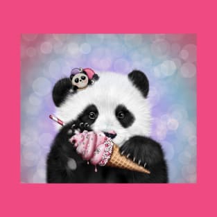 Panda with pink ice-cream and macarons T-Shirt