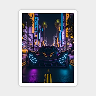 Dark Neon Sports Car in Beach Neon City Magnet