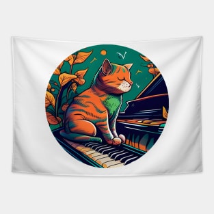 Funny Cat Kitty Playing Keyboard Piano Funny Player Tapestry