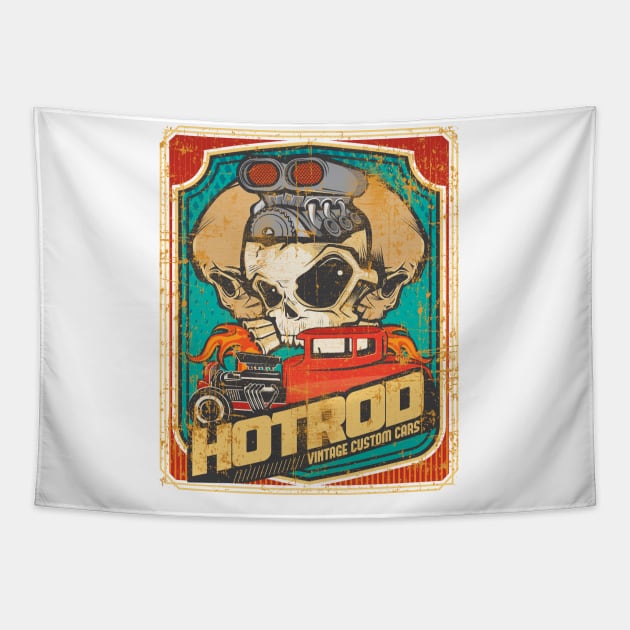 Hot rod custom classic car and skulls Tapestry by Tjhtt Autoarts