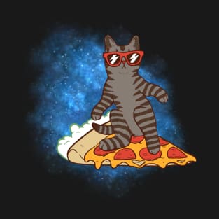 Galaxy cat surfing on pizza slice T-Shirt