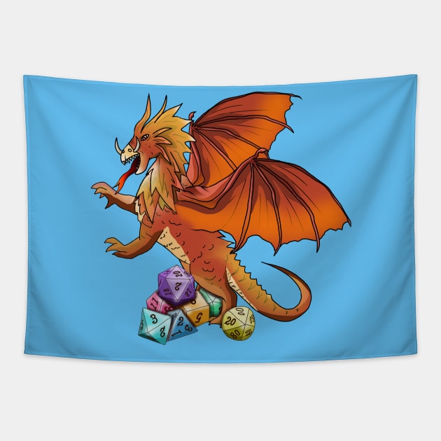 A fierce orange dragon with a forked tongue guards dnd dice Tapestry by cuisinecat