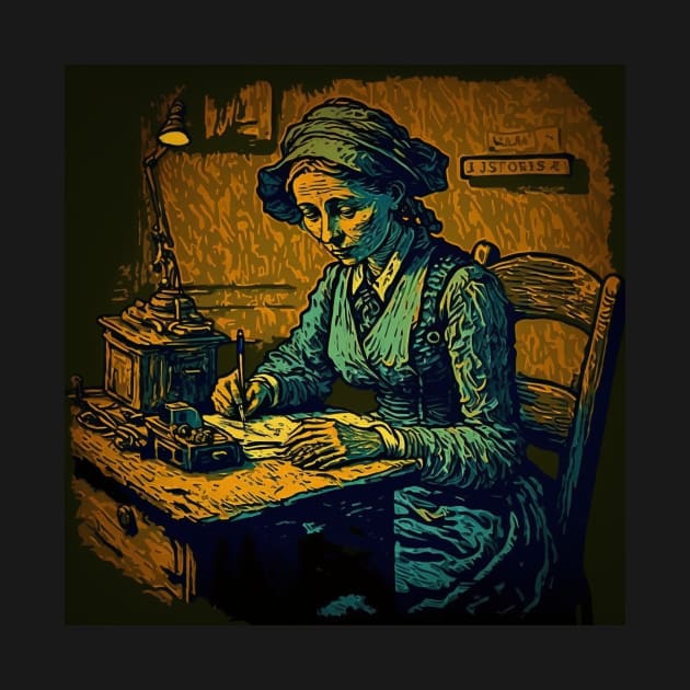 Van Gogh-style illustration of a woman sitting at a table by KOTYA