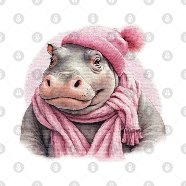 Adorable cute Hippo wearing a pink hat and scarf by JnS Merch Store