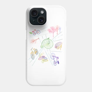 Bikes, streets, tires, trees in a simple design of pastel colors.  Car, share the road. Phone Case