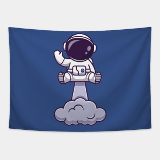 Astronaut Launching On Space And Waving Hand Cartoon Tapestry