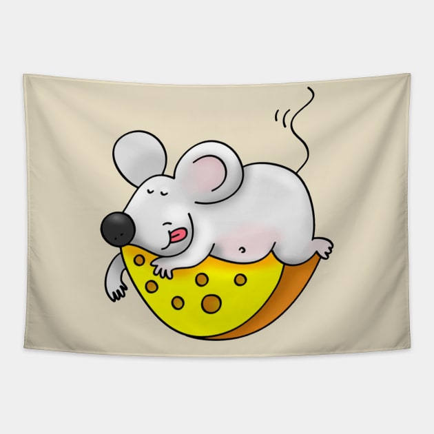 I Dream of Cheese - Funny Mouse Sleeping on Cheese Tapestry by CoolFactorMerch