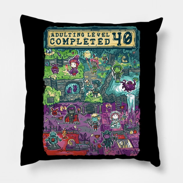 Adulting Level 40 Completed Birthday Gamer Pillow by Norse Dog Studio